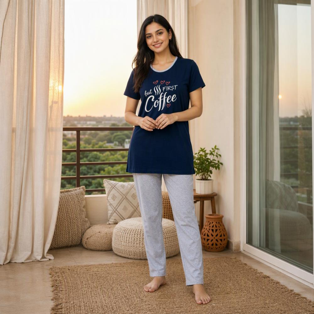 Cotton-Blend Night Suit Set with Graphic Print