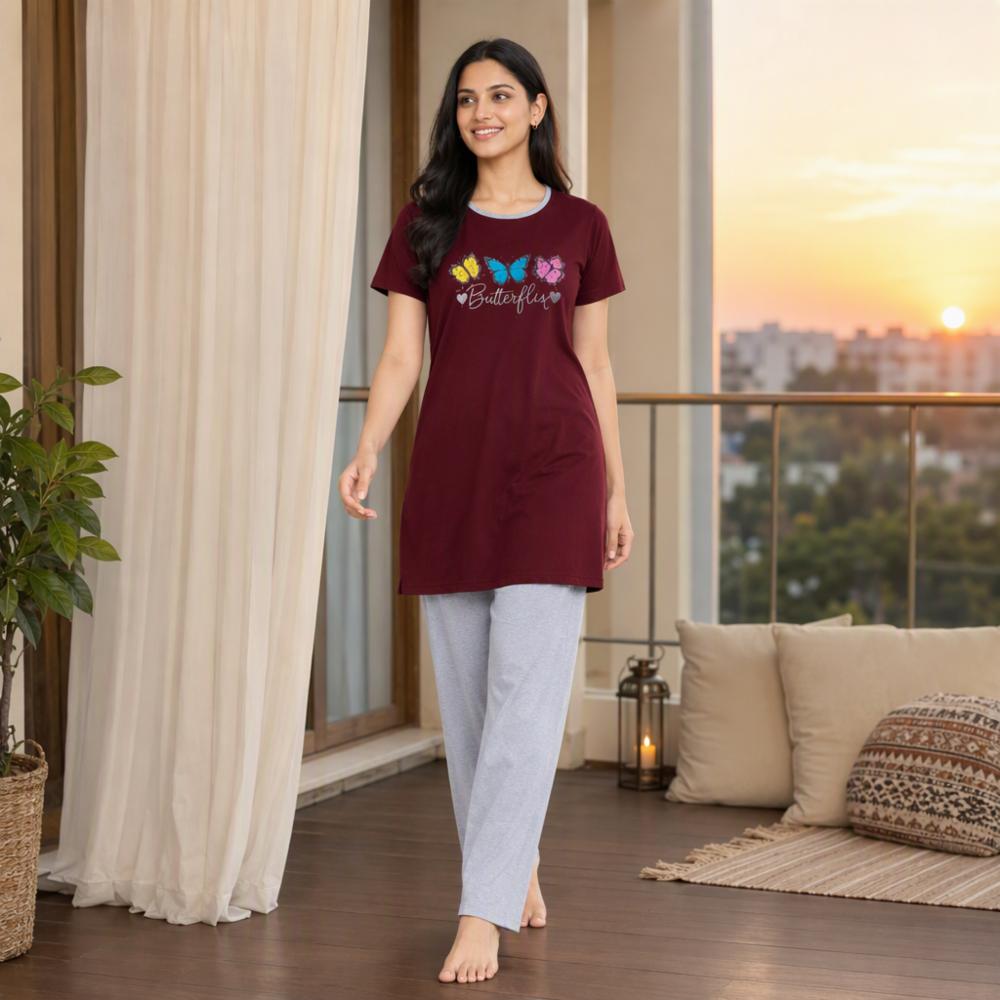 Women's Burgundy Butterfly Print Night Suit