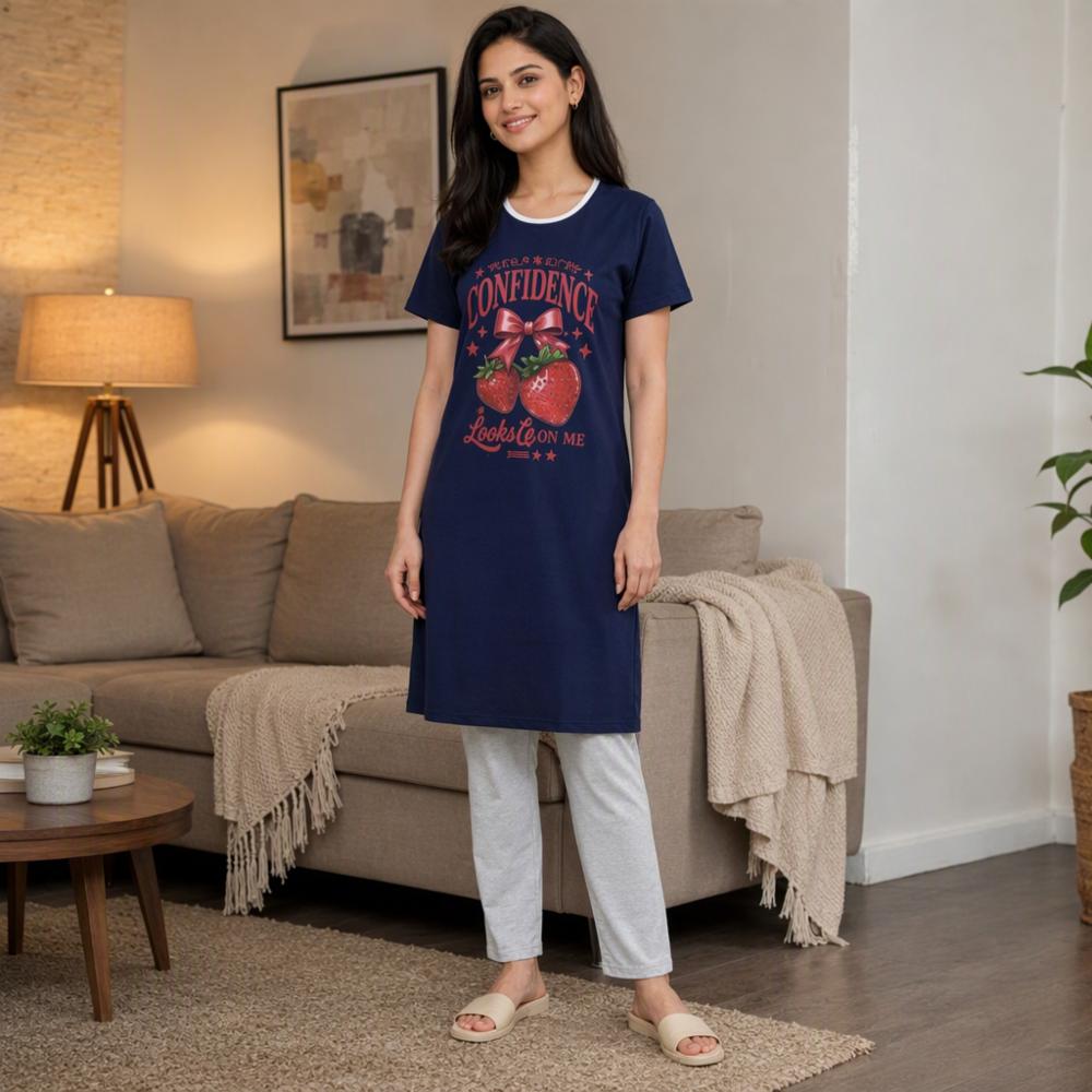 Women Cotton Blend Night Suit Set with Strawberry Print and Pyjama