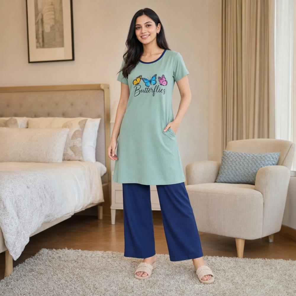 Women Cotton-Blend Night Suit Set with Strawberry Print