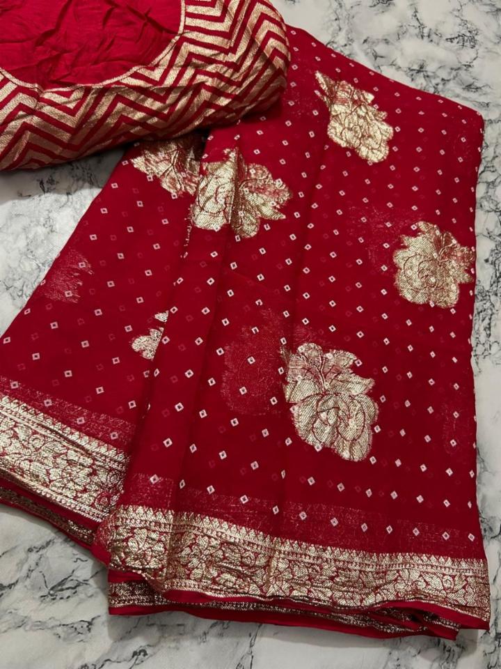 Pure Georgette Viscose Zari Saree with White Dot Print and Heavy Blouse