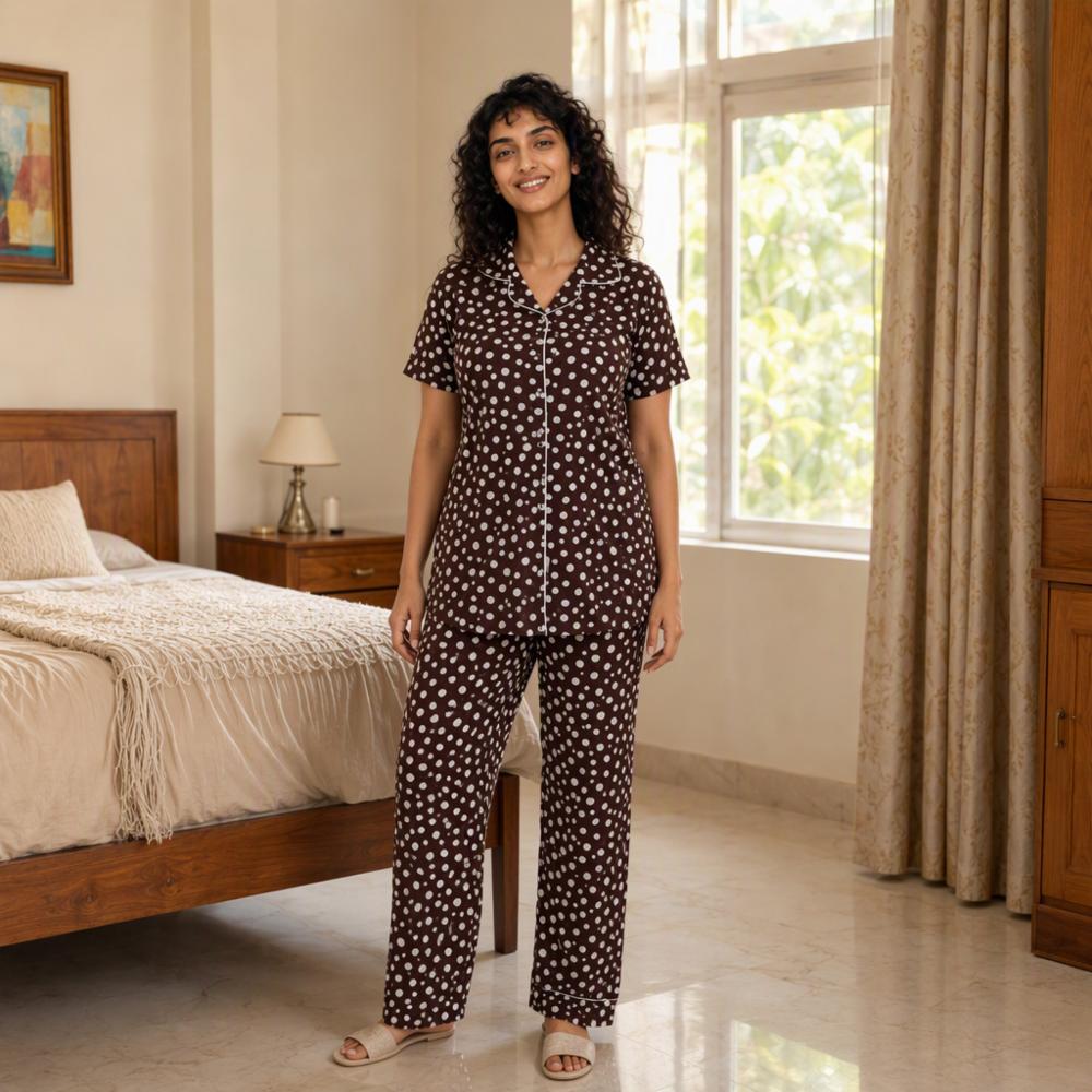 Women's Sarina Fabric Front Open Collar Nightsuit