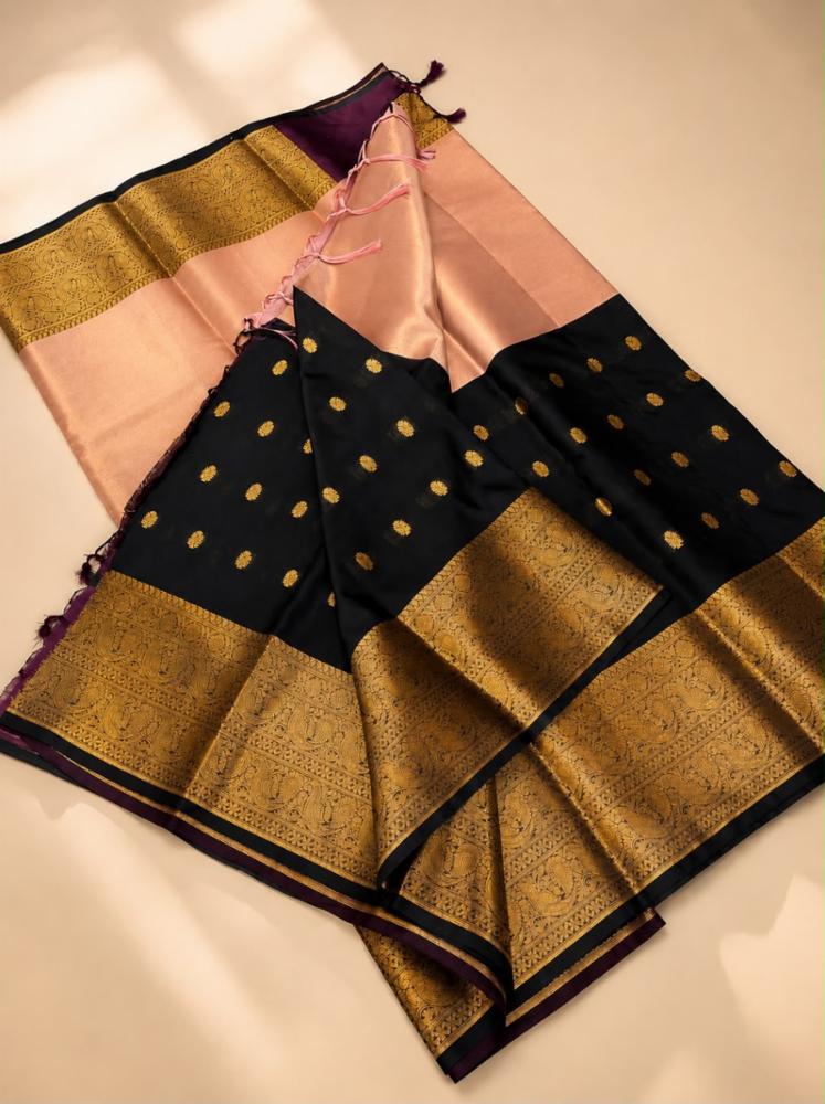 Black & Pink Banarasi Silk Saree with Golden Zari Buti & Border