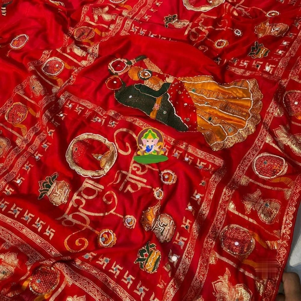 Red Dola Viscose Weaving Meena Saree with Handwork and Mirror Work, Running Blouse