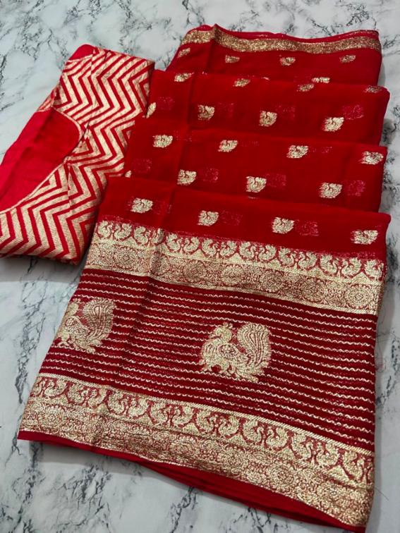 Pure Georgette Red Saree with Upada Silk Blouse and Fancy Border