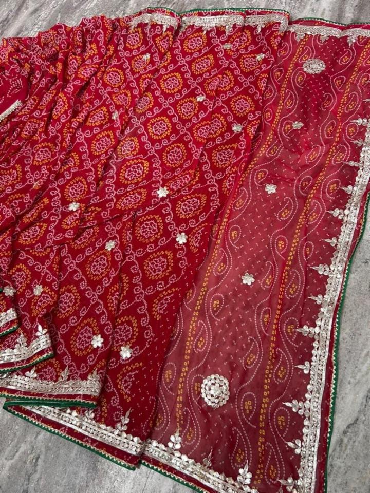 Red Georgette Chunari Bandhej Saree with Gota Patti Handwork & Blouse