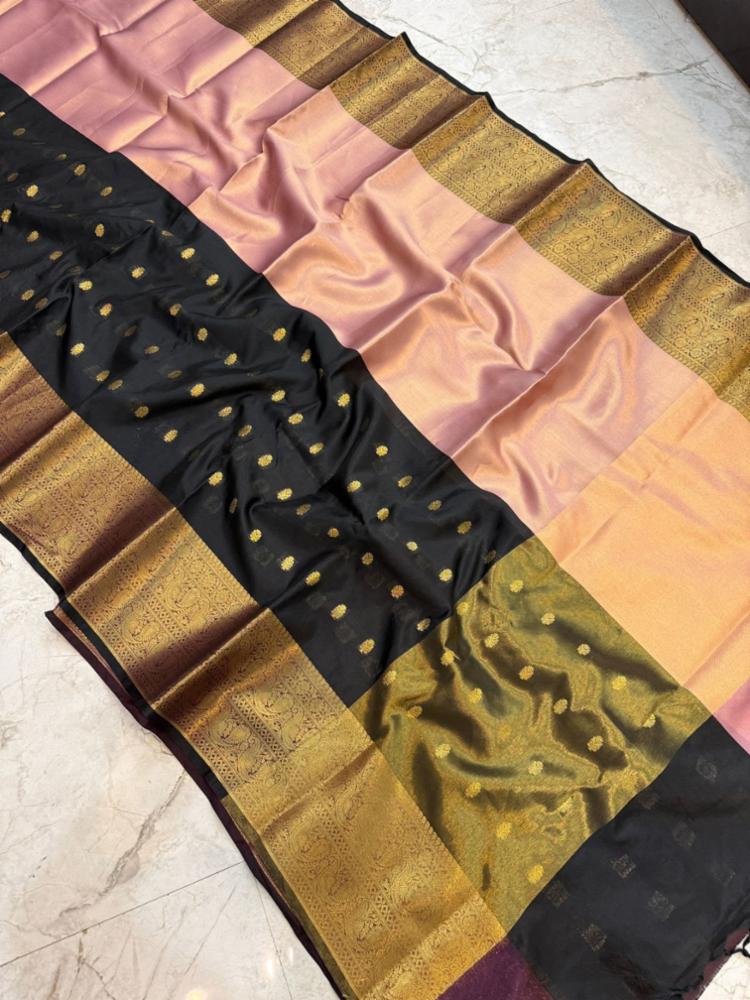 Black & Peach Saree with Elegant Golden Zari Work. \u2728