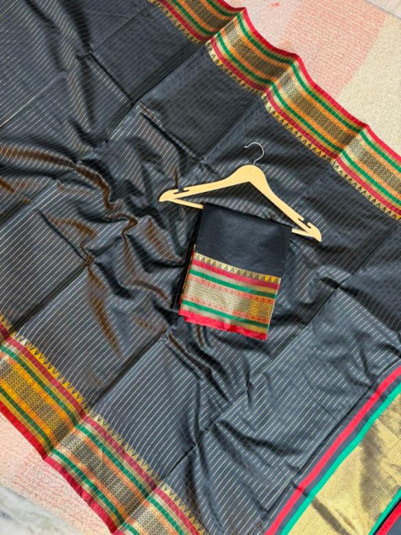 Black Saree with Elegant Golden Stripes & Multicolor Border. \u2728