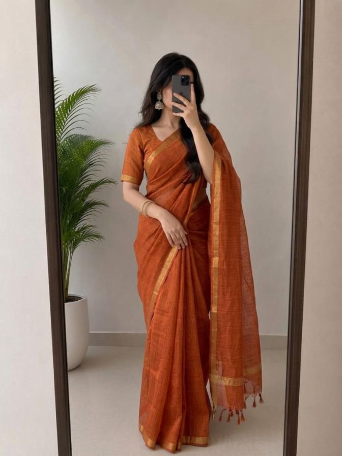 Rust Orange Kota Silk Saree with Golden Zari Border & Matching Blouse Piece | Lightweight Traditional Saree