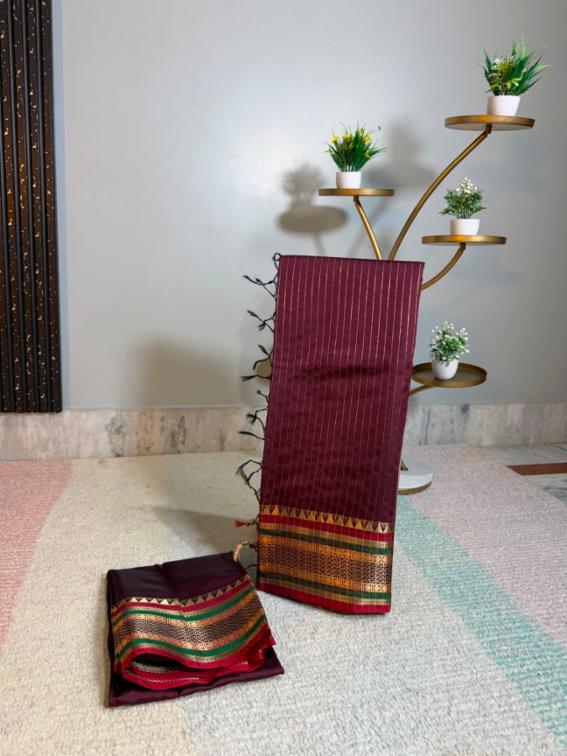 Wine Saree with Golden Stripes & Designer Border. \u2728
