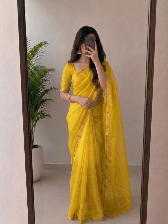 Vibrant Sunshine Yellow Kota Doria Silk Saree with Woven Zari Golden Border