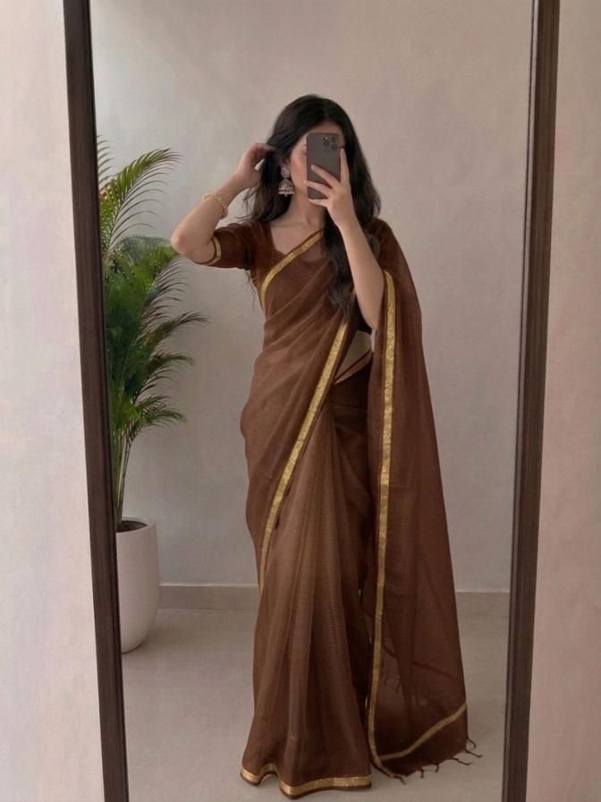 Elegant Chocolate Brown Kota Doria Silk Saree with Woven Zari Golden Border | Lightweight Festive Saree with Unstitched Blouse Piece