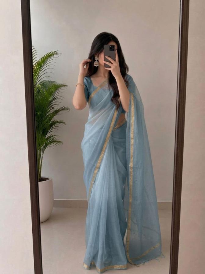Graceful Light Greyish-Blue Kota Doria Silk Saree with Woven Zari Golden Border