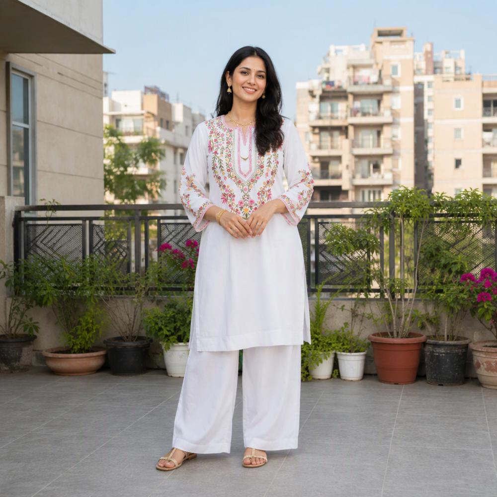 White Pure Cotton Embroidered Co-ord Set with Kurta and Pants
