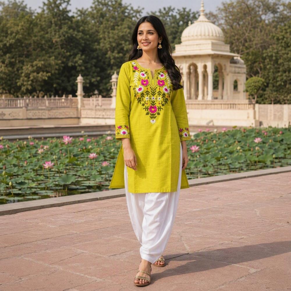 Yellow/Red Handcrafted Floral Embroidered Kurti with White Farshi Salwar