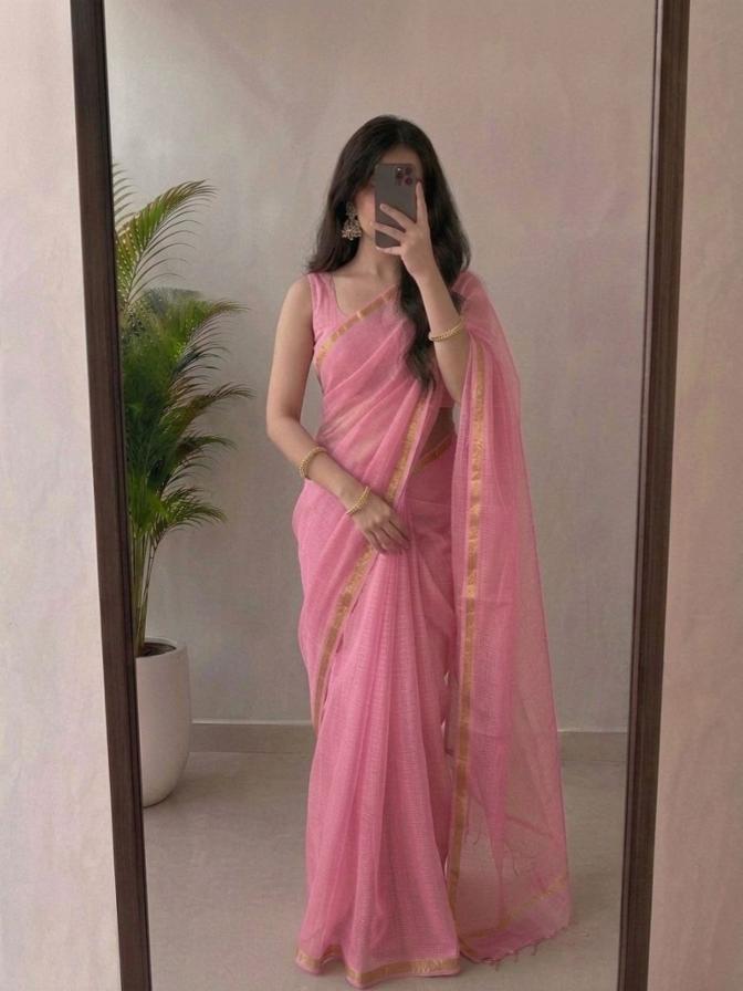 Charming Baby Pink Kota Doria Silk Saree with Woven Zari Golden Border