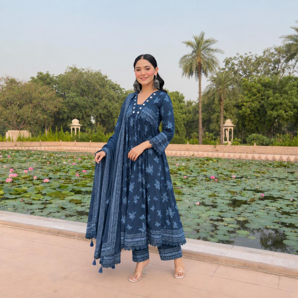 Cotton Anarkali Kurta Set with Sanganeri Print and Embroidery Work