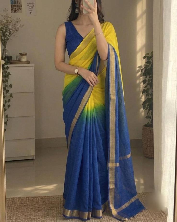 Kota Silk Cotton Saree – Elegant Yellow & Royal Blue Soft Lightweight Saree with Contrast Blouse
