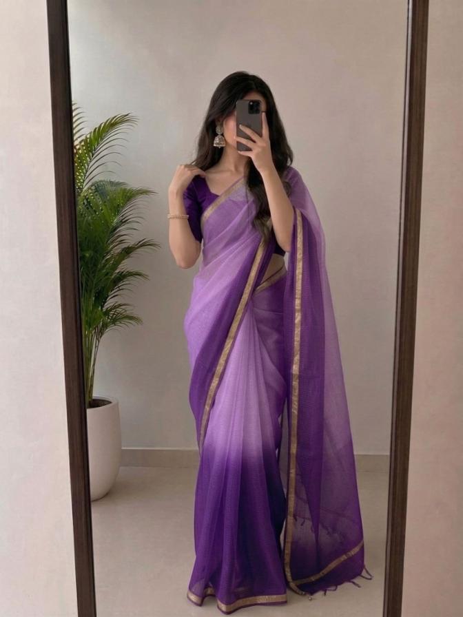 Lavender Purple Kota Silk Saree with Golden Zari Border & Blouse Piece | Lightweight Traditional Saree