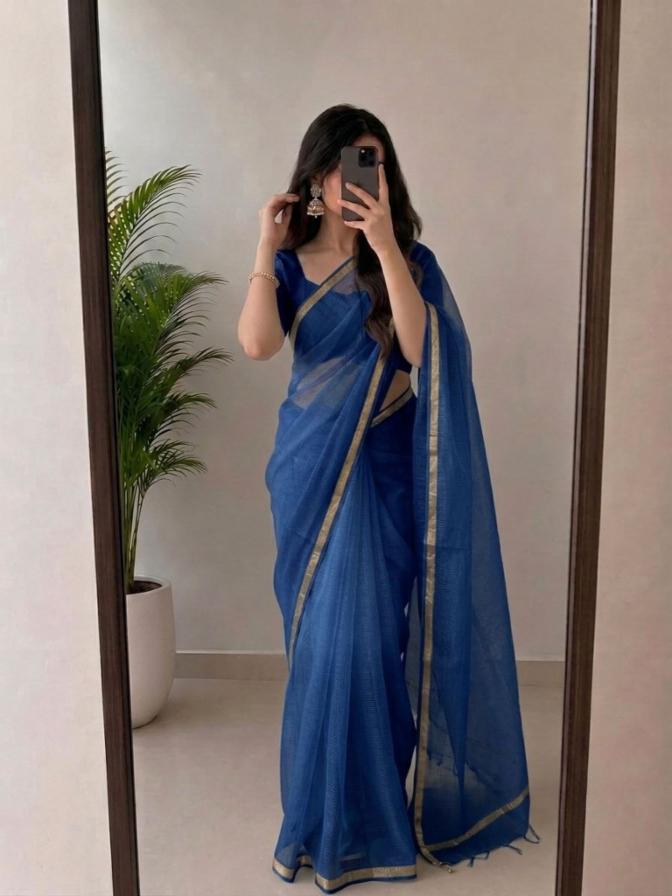 Royal Blue Kota Doria Silk Saree with Woven Zari Golden Border