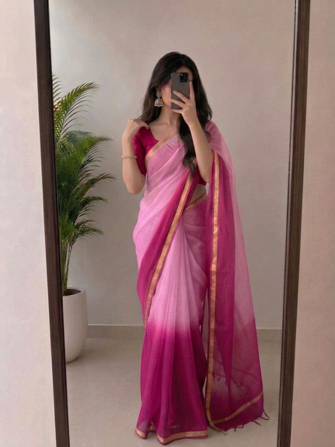 Baby Pink Kota Silk Saree with Rani Pink GoldenZari 