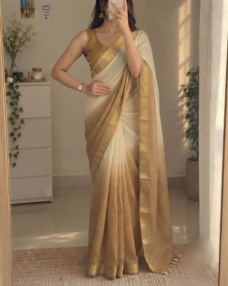 Beige Gold Kota Silk Cotton Saree with Elegant Zari Border