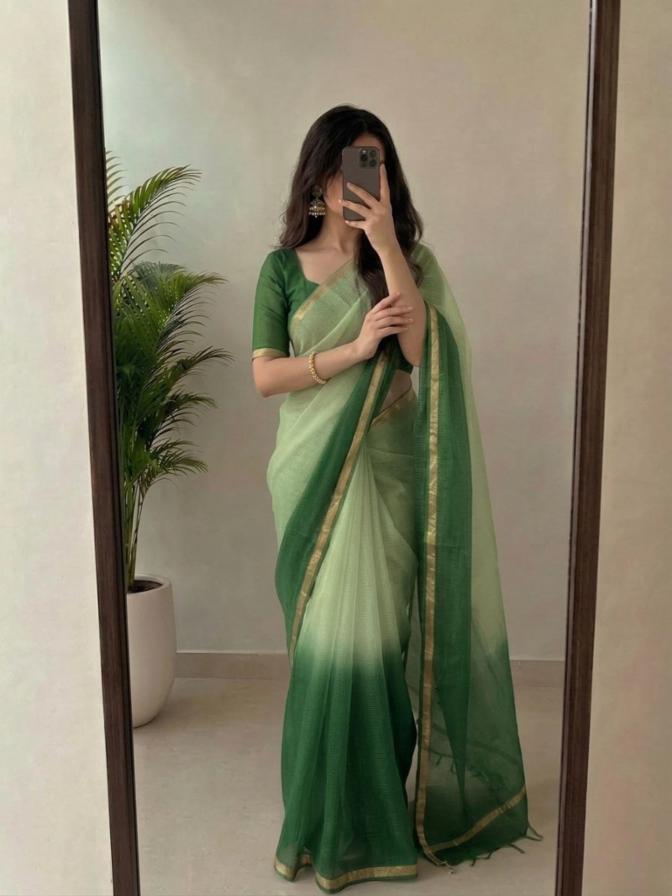 Pista Green Kota Silk Saree with Golden Zari Border & Blouse Piece