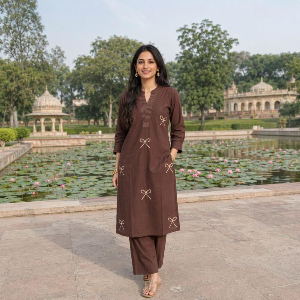 Pure Cotton Brown Kurta Palazzo Set for Women