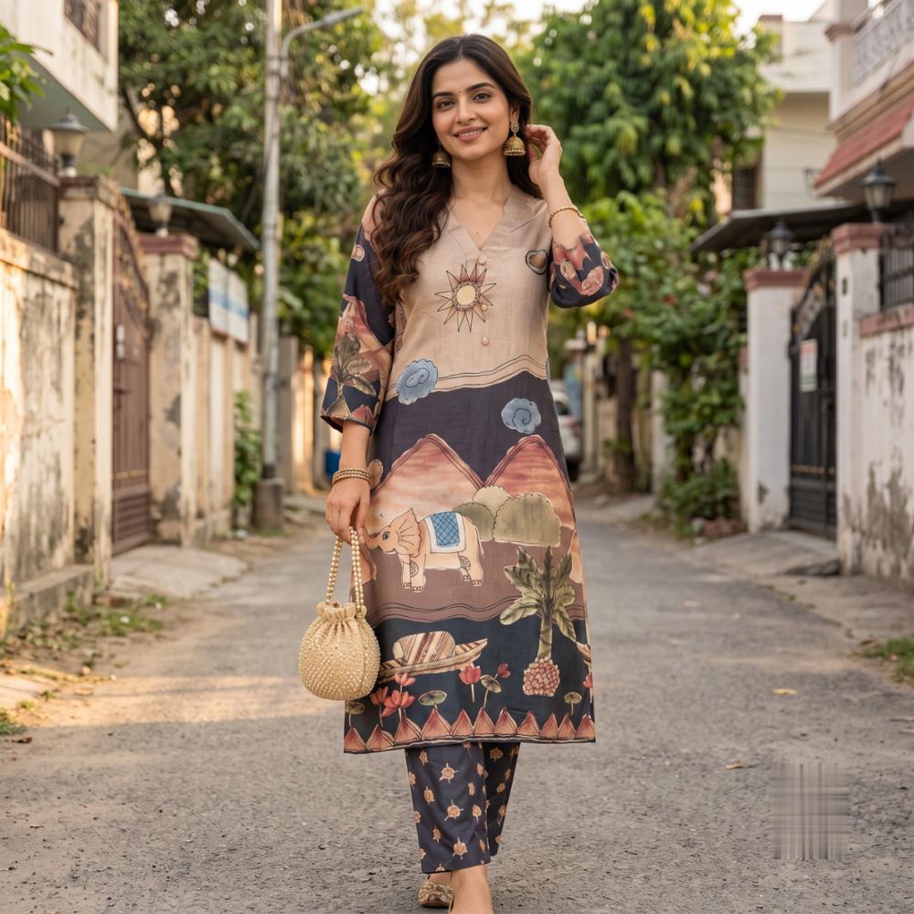 Women Cotton Printed Kurta with Pant Set