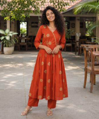Women Cotton Embroidery Anarkali Kurta with Pant