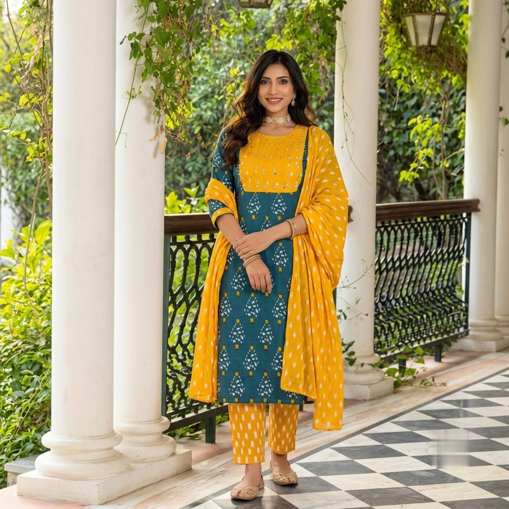 Women Cotton Handwork Kurta Set with Pant and Dupatta XL