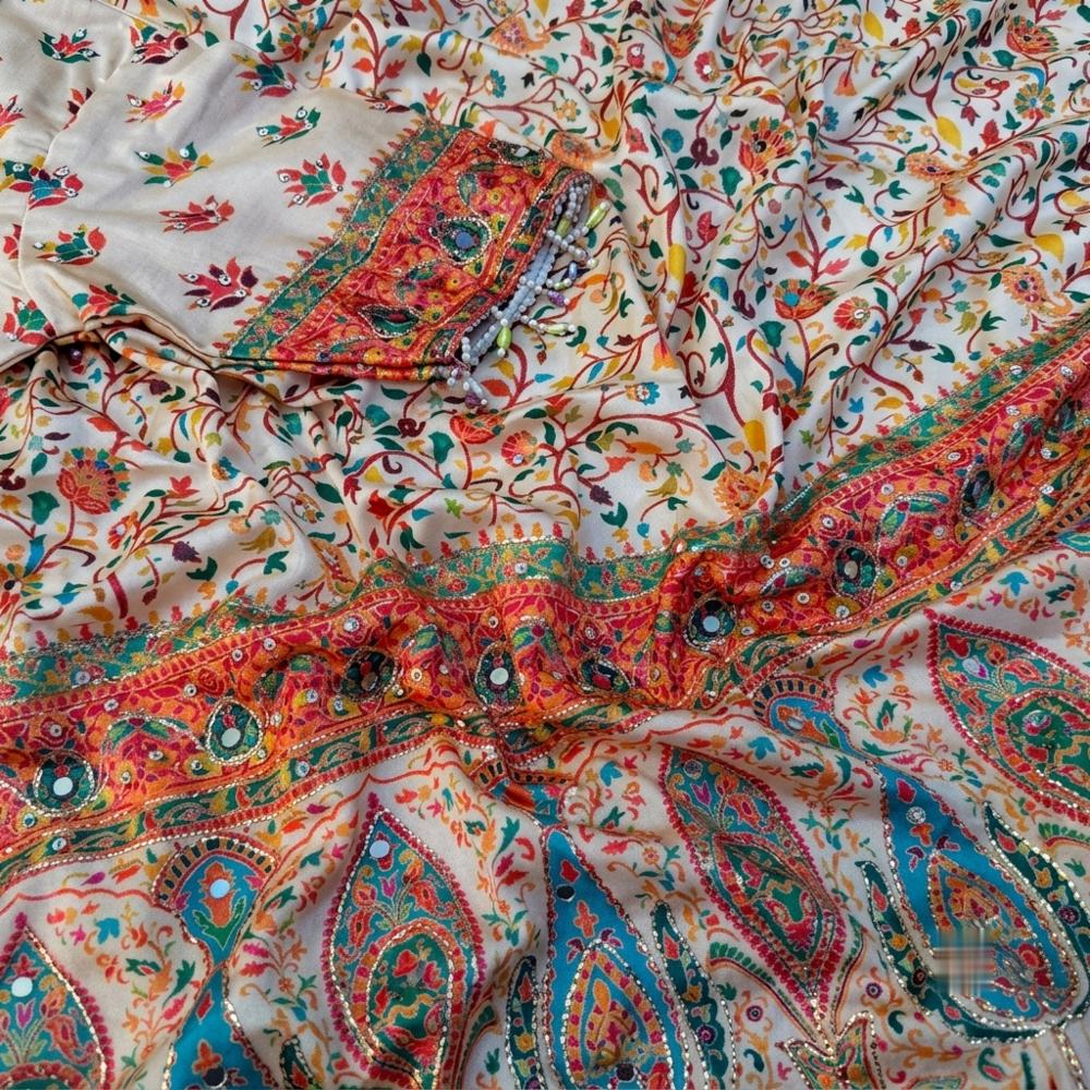 Soft Chinnon Printed Saree with Gold Zari, Ribbon, and Mirror Work