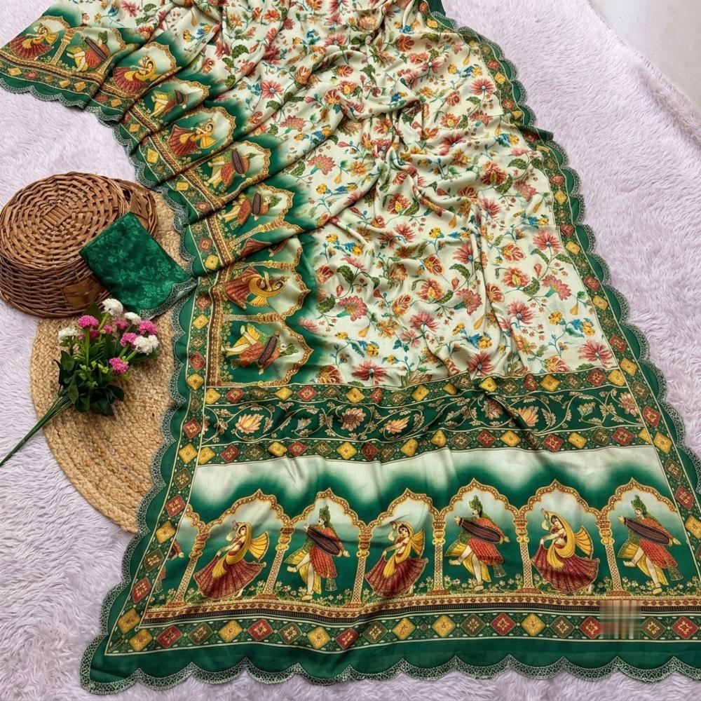 Chinon Saree with Digital Print and Stone Border