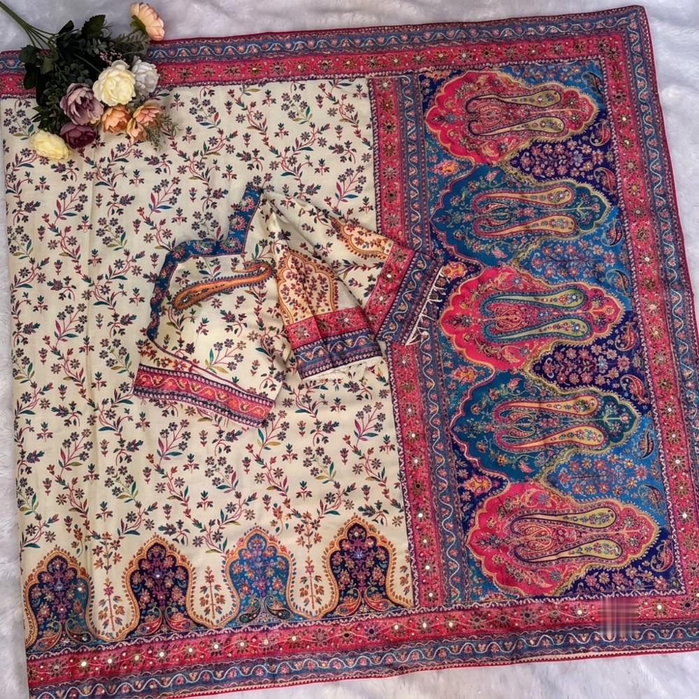 Soft Chinnon Saree with Gold Zari, Print, and Mirror Work