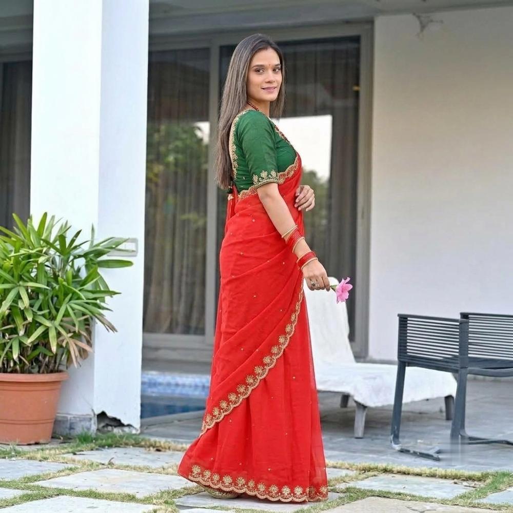 Red Soft Georgette Saree with Sequins Embroidery and Matching Blouse