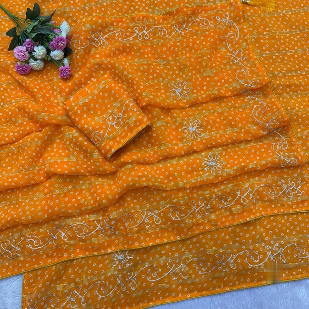 Panetar Bandhani Saree with Rebin Work and Blouse