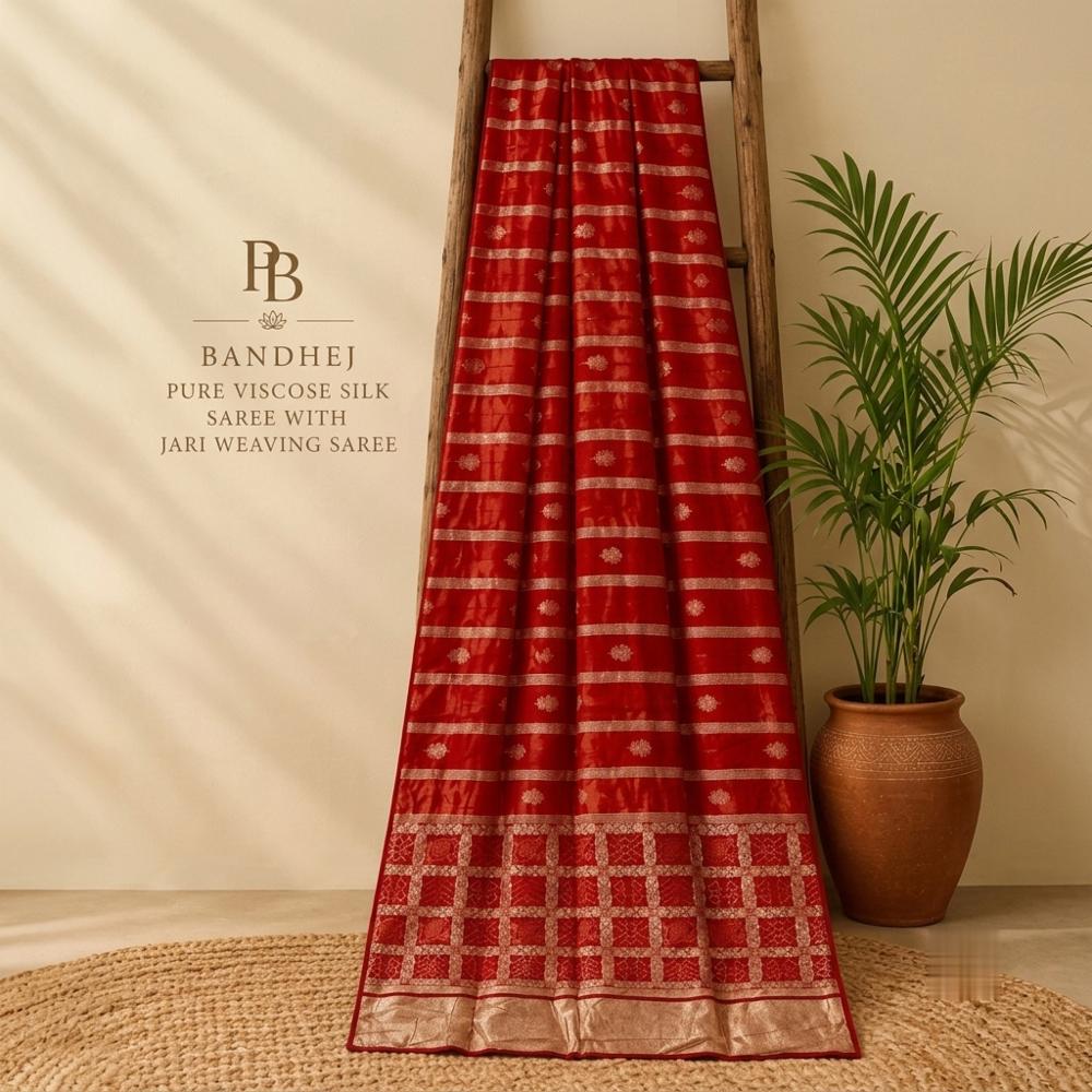 Red Dola Viscose Weaving Meena Handwork Saree with Running Blouse