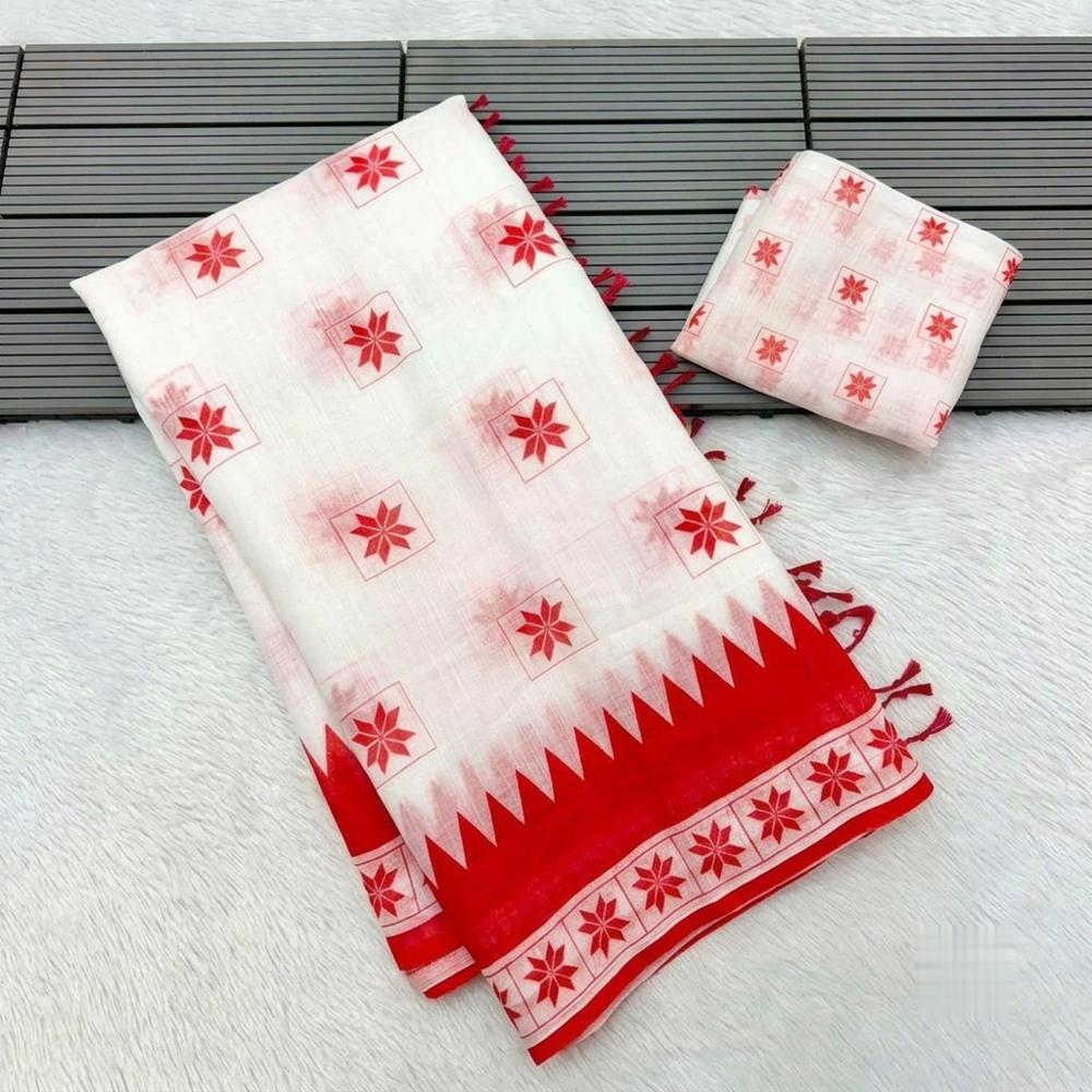 Soft Linen Digital Print Saree with Silver Border and Blouse