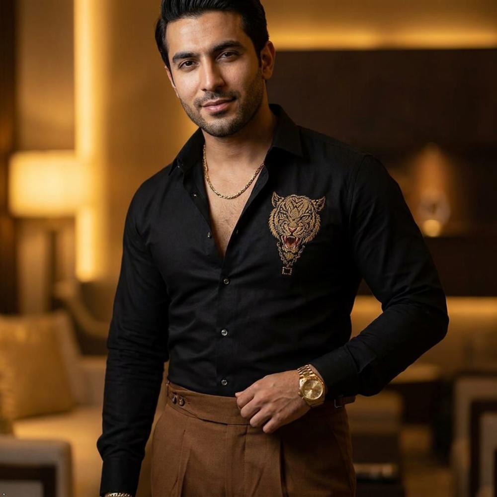 Cotton Unstitched Men's Shirt & Pant Fabric Set with Golden Eagle Embroidery