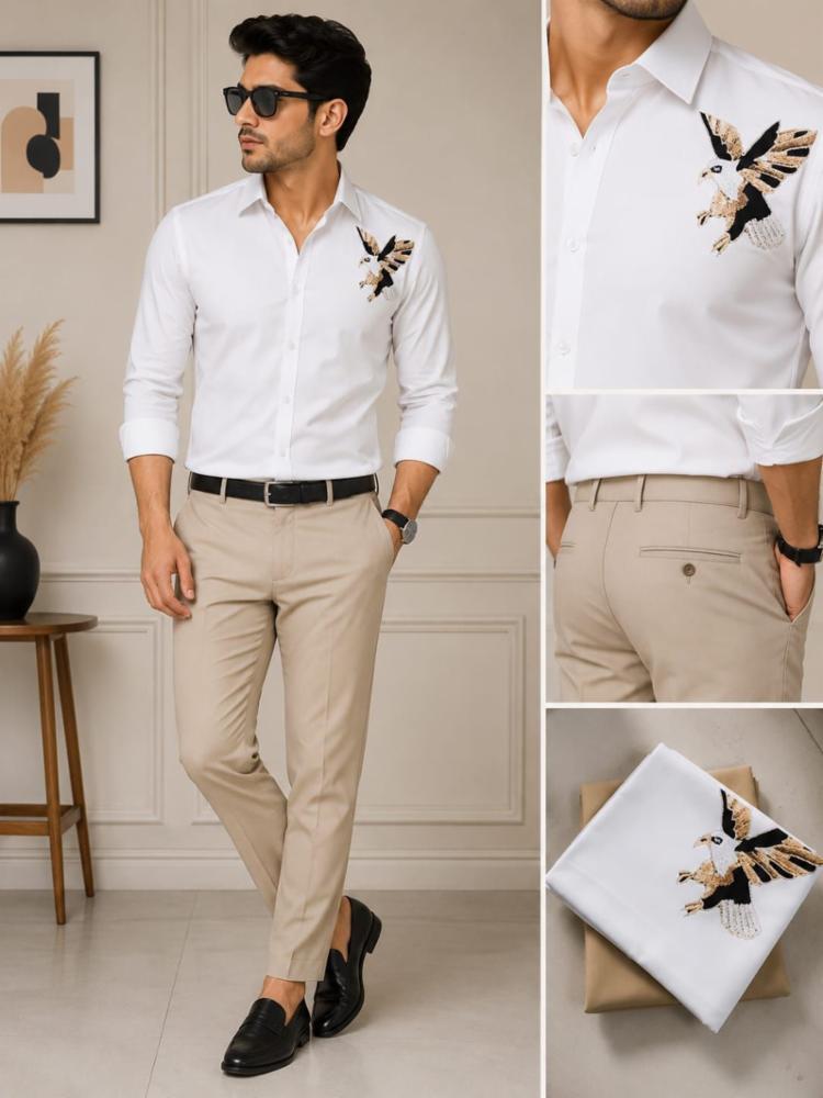 Cotton Shirt and Pant Fabric Set with Golden Eagle Embroidery