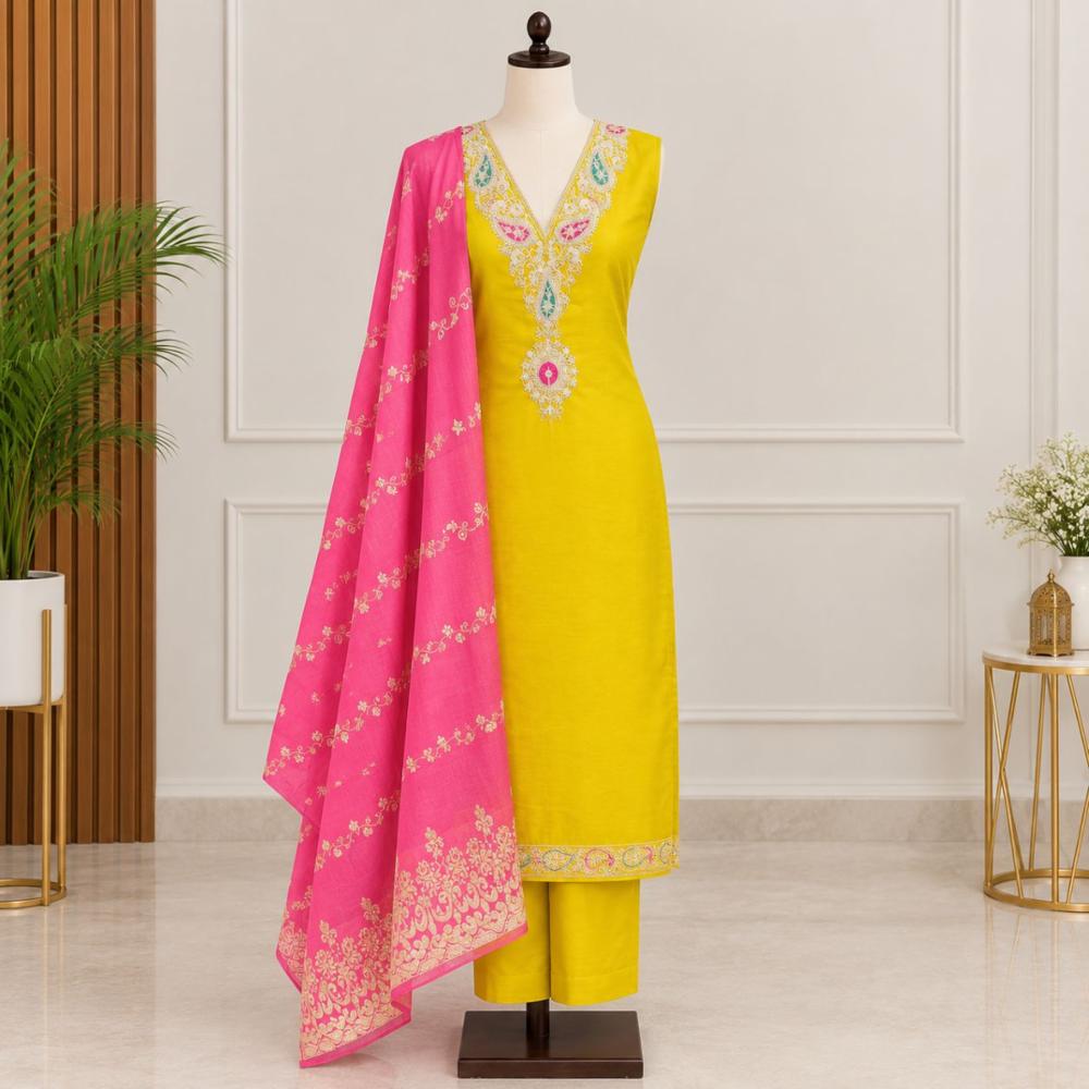 Unstitched Jam Cotton Suit With Embroidered Shirt and Plain Bottom