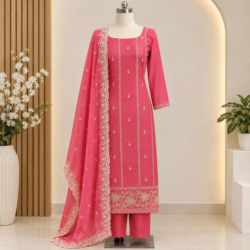 Cotton Embroidery Unstitched Suit Material with Embroidered Shirt and Dupatta