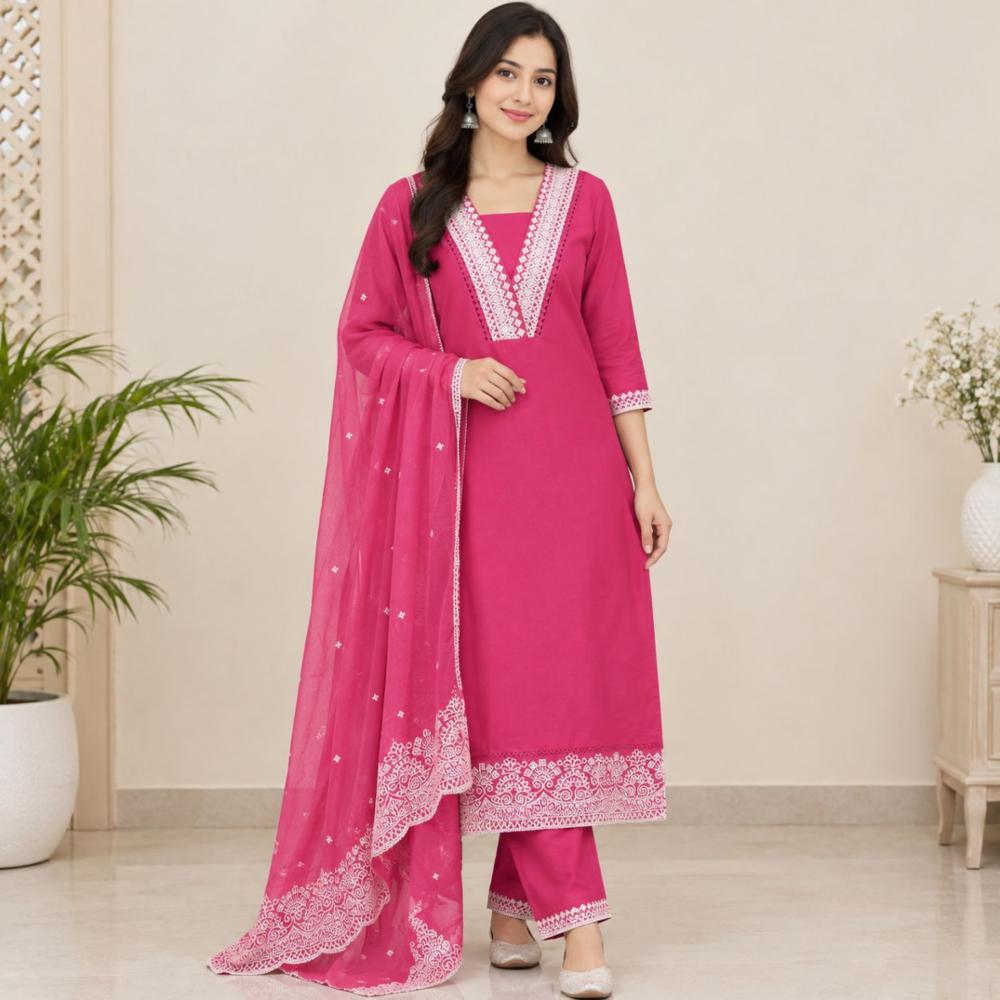 Cotton Unstitched Suit Material with Embroidered Neck and Organza Dupatta