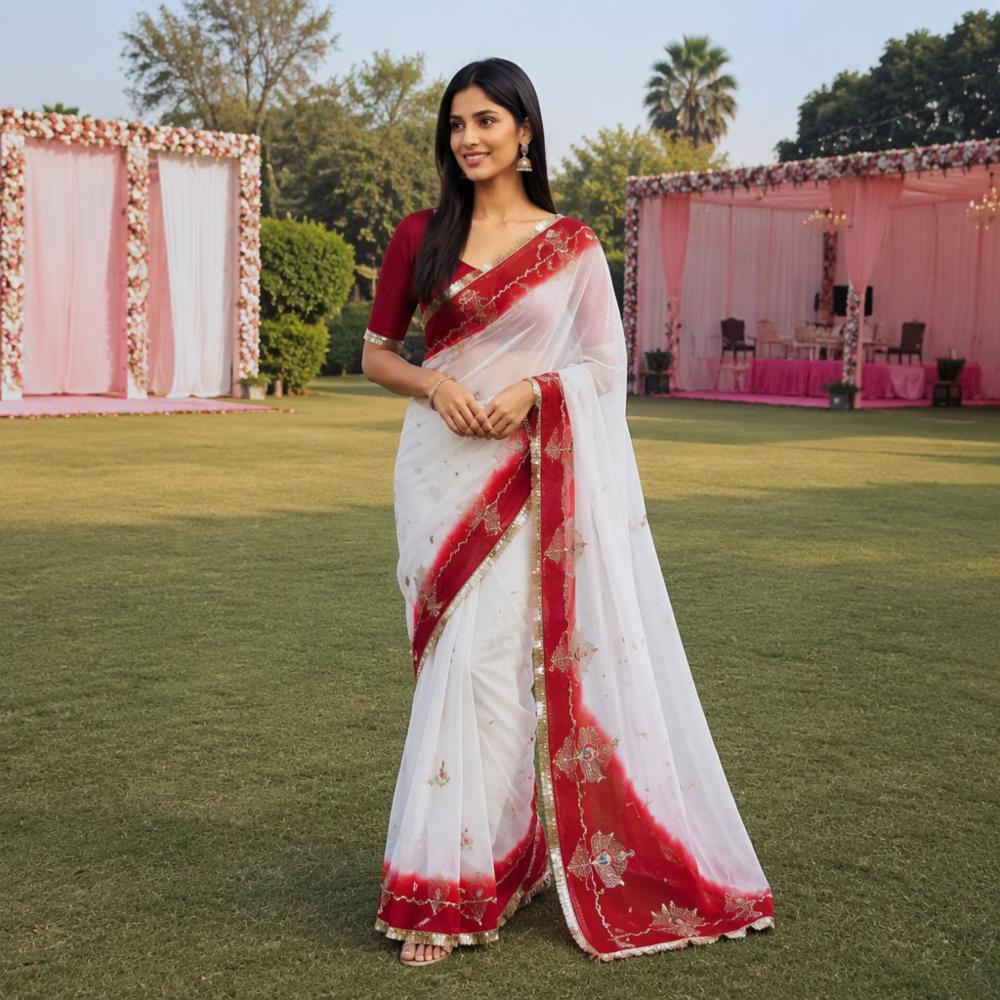 Off White Georgette Saree with Heavy Embroidery and Blouse Piece