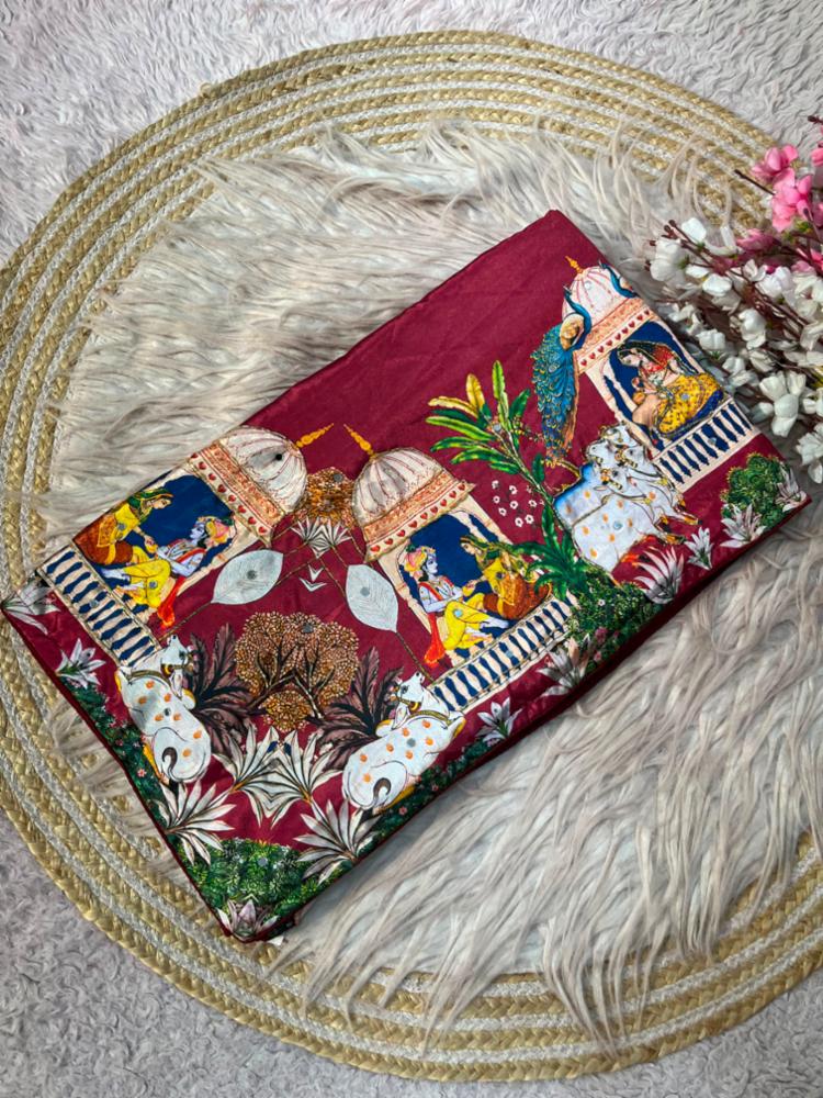 Soft Chinon Digital Saree with Heavy Pallu & Radha Krishna Theme 