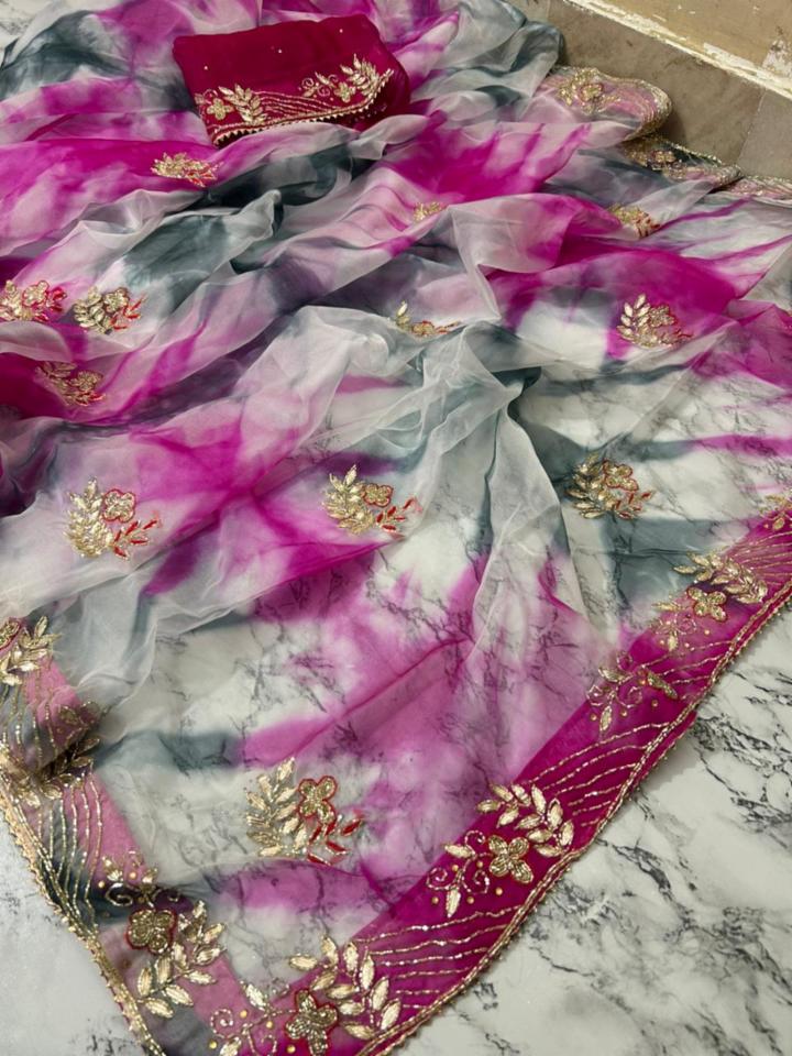 Womenâs Organza Saree with Cutdana Hand Work & Running Blouse