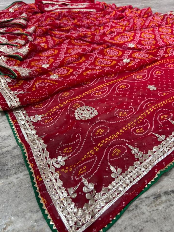 Womenâs Georgette Bandhej Saree with Gota Patti Work & Running Blouse