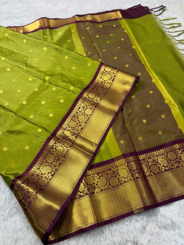 Semi Katan Silk | Green Zari Butti Saree \u2728\nRich zari border with elegant butti work. Perfect for festive wear.