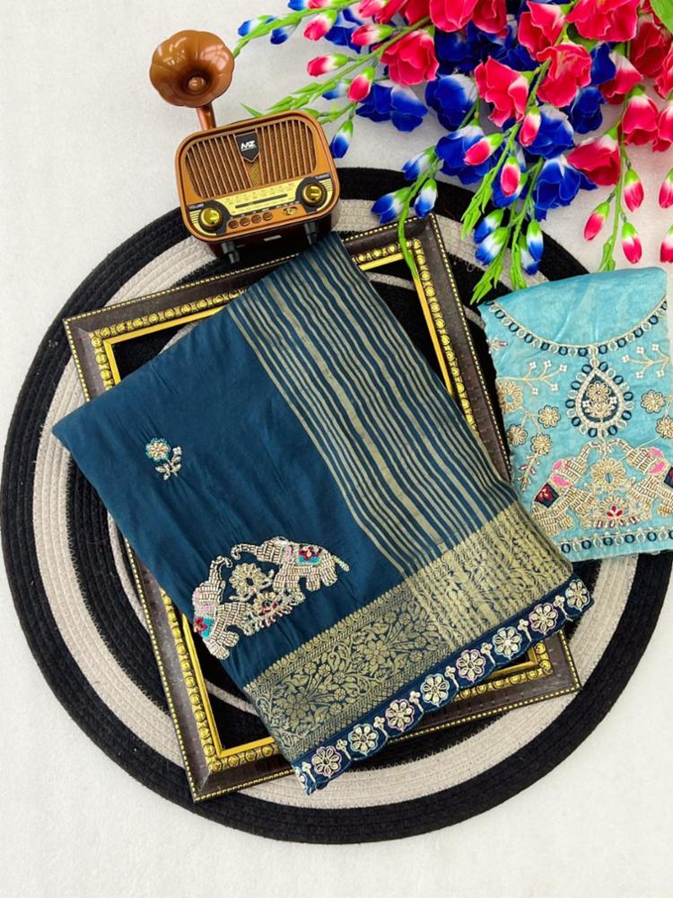 Party Wear Dola Silk Saree with Rose Gold Beads Work