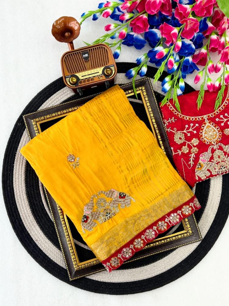 Party Wear Pure Jacard Dola Silk Saree with Beads Work and Fancy Satin Blouse